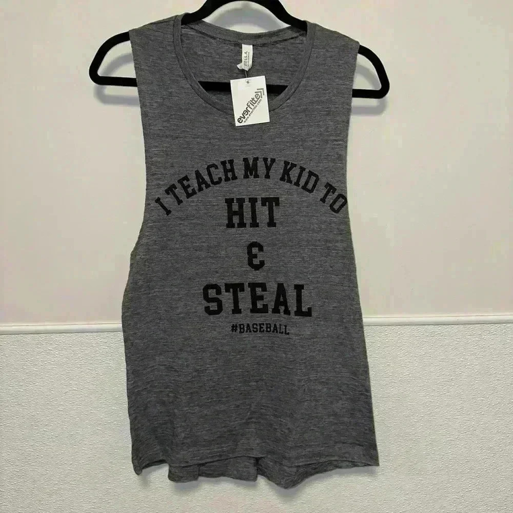 “NWT! “I teach my kid to hit & steal” #baseball Bella + Canvas Tank Top L Gray - Picture 3 of 9